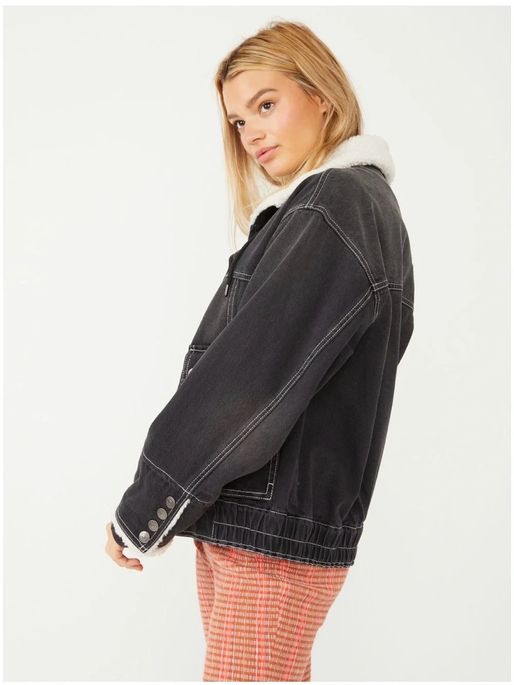 Free People Ariel Cozy Sherpa Accent Oversized Denim Bomber Jacket Washed Black
